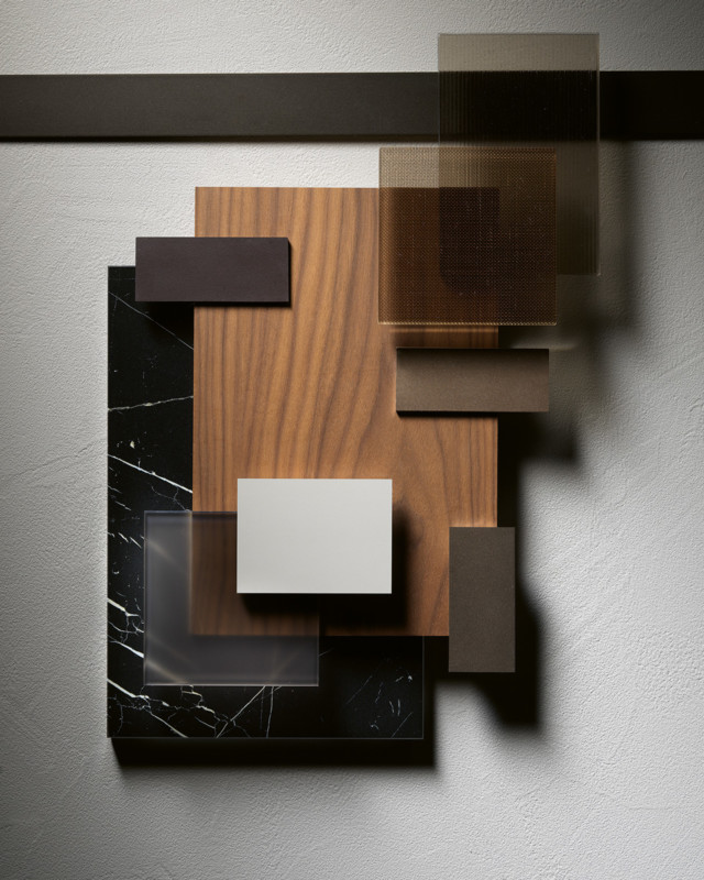 Barausse Moodboard materials: wood, aluminum, glass, lacquered and leather