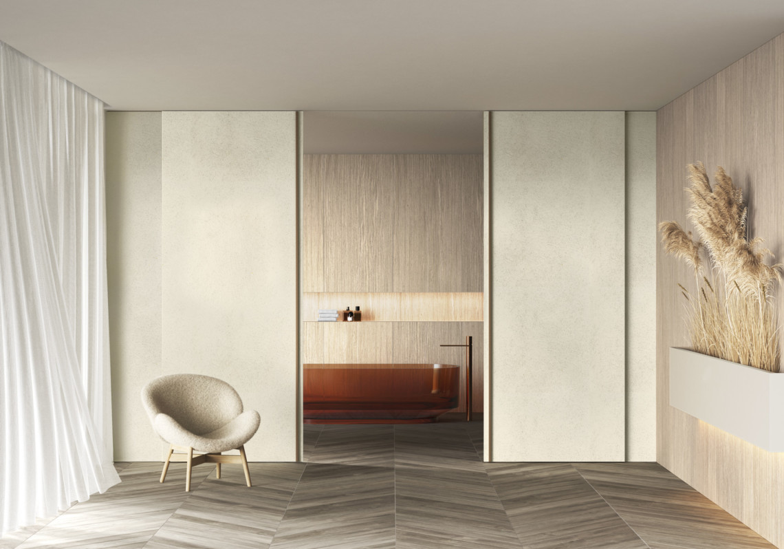 Partition with sliding doors in Carrara marble powder with TIPA handle